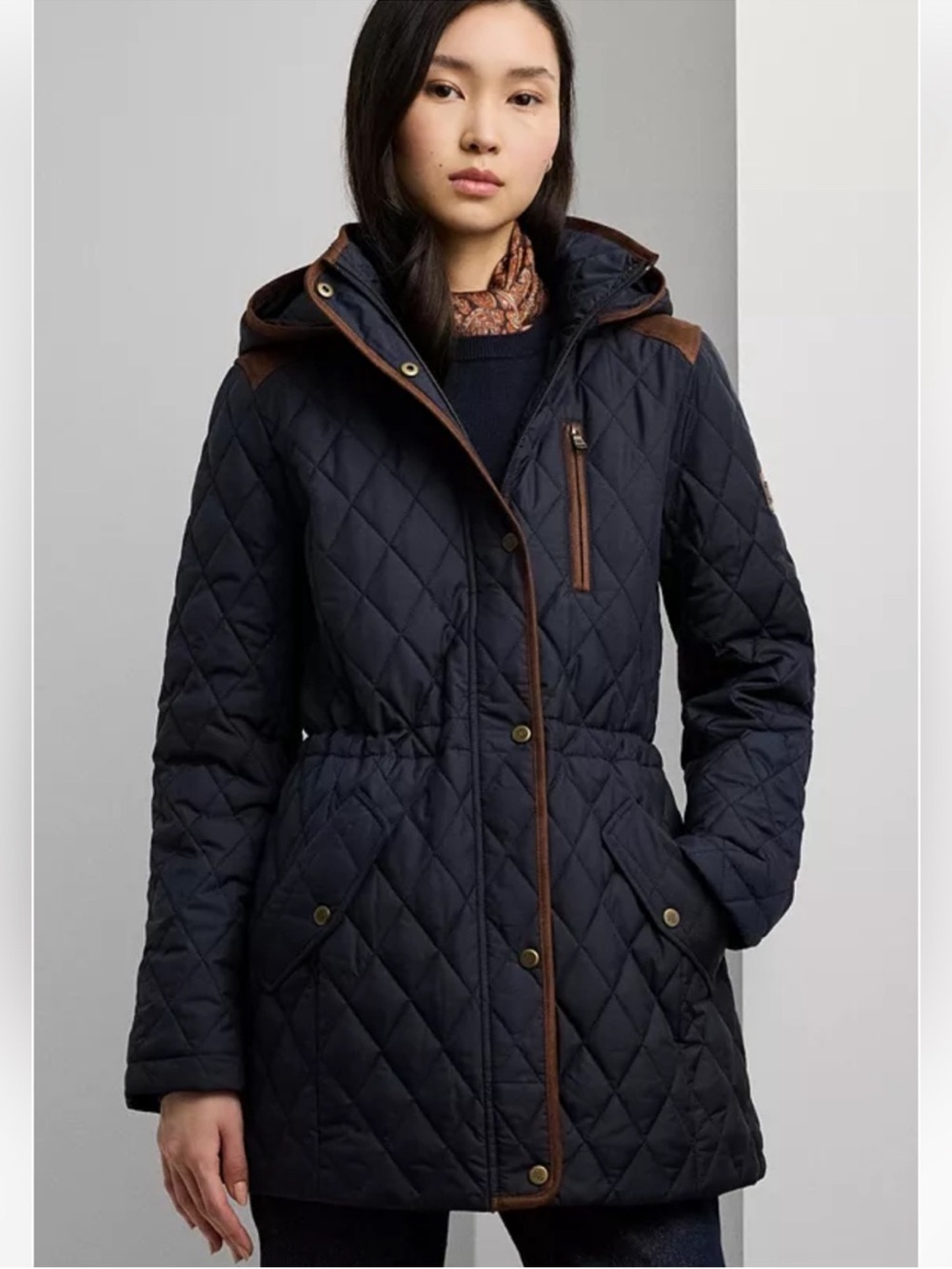 Lauren Ralph Lauren Women Hooded Anorak Quilted Coat Navy Blue Brown Trim Medium